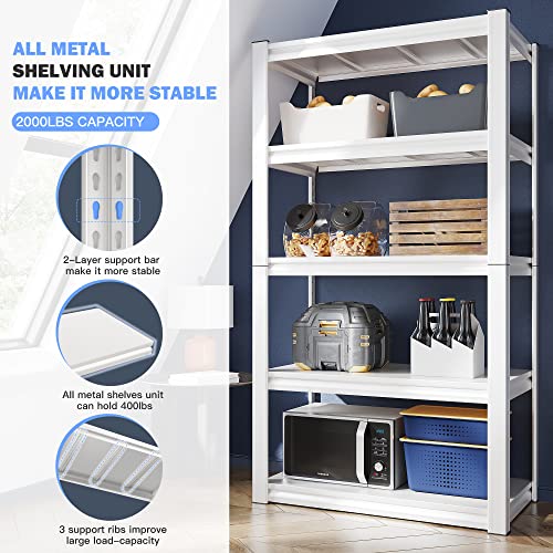 Raybee White Storage Shelves 2000LBS Adjustable 5 Tier Garage Metal Shelving Unit Heavy Duty Utility Rack Shelf Warehouse Pantry Closet Kitchen 72" Hx31.7W x16.3D