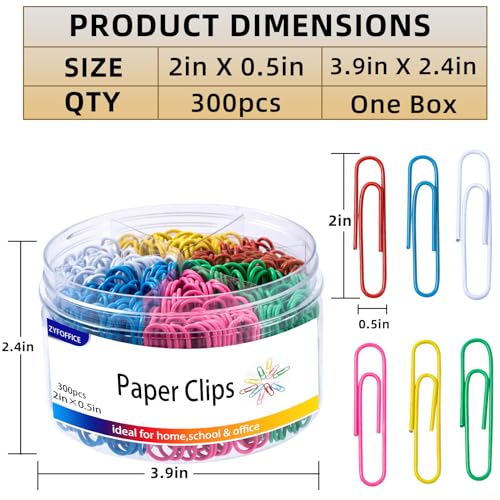 Macaron Colored Paper Clips, Large Paper Clip, 2" Jumbo Paper Clips,300pcs Big Paper Clips for Office Supplies