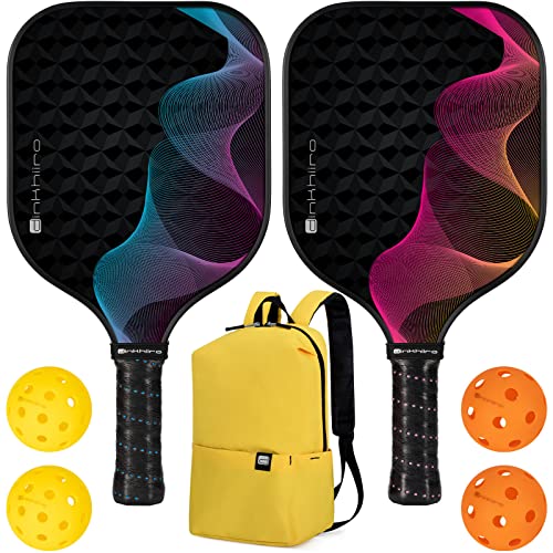 Dinkhiiro Pickle-Ball Paddle Set of 4 with Outdoor Indoor Balls, Racquet Case, Waist Ball Holder Bag | Fiberglass Pickle-Ball Rackets for Adults, Teens | Pickleball Gear Kit for Women, Men