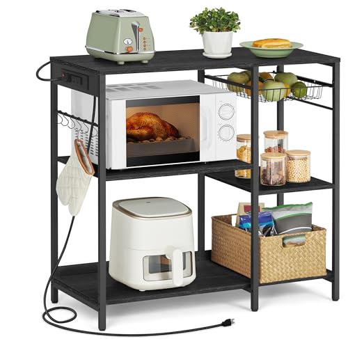 VASAGLE Baker's Rack, Coffee Bar Stand with Charging Station, Storage Shelves, Pull-Out Wire Basket, Table for Microwave, Kitchen, Charcoal Gray UKKS036B22, 15.7 x 35.4 x 35.6 Inches