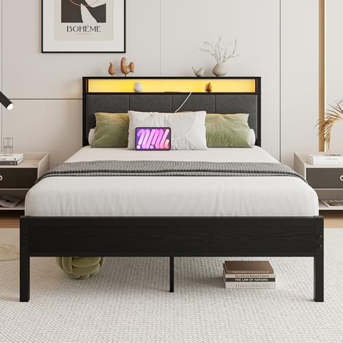 VECOCHO Twin Bed Frame with Charging Station and LED Lights,Upholstered Headboard with Storage Shelves,Heavy Duty Metal Slats, No Box Spring Needed,Noise Free, Easy Assembly,Black and Dark Grey