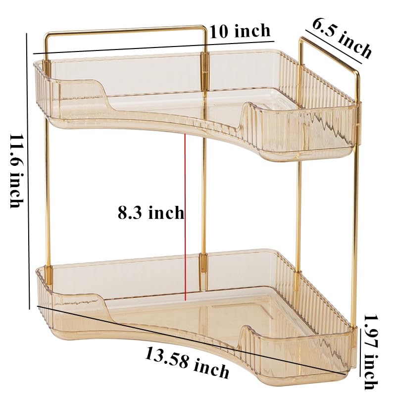 CESTATIVO Corner Bathroom Counter Organizer, Vanity Trays for Bathroom, Skincare Makeup Organizer Shelf, Shelf Cosmetics, Toiletries, Lotions, Perfumes (2 Tiers, Amber)