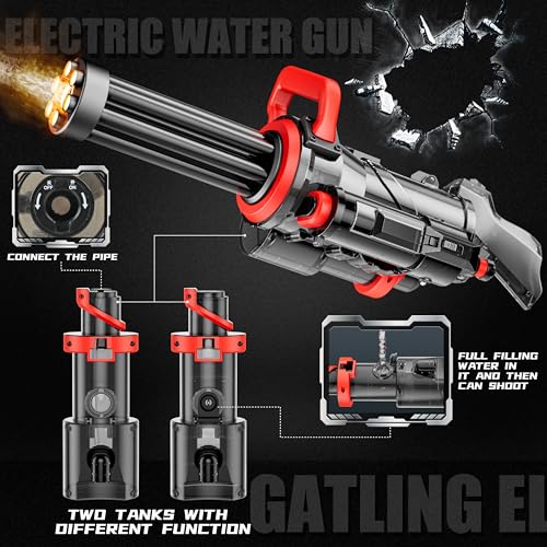 Funwee Gatling Electric Water Gun for Adults Kids Ages 8-12, Most Powerful Automatic Squirt Gun, High Powered 28-32 FT Long Range Auto Water Blaster, LED Light Outdoor Pool Swimming Toy Game(Black)