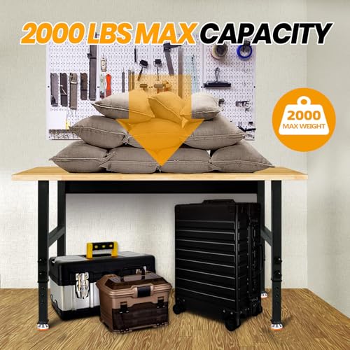 48" Adjustable Work Bench, Rubber Wood Top Workbench Heavy-Duty Work Table, 2000 LBS Load Capacity Hardwood Work Benches for Garage, Workshop, Home, Office, Easy Assembly