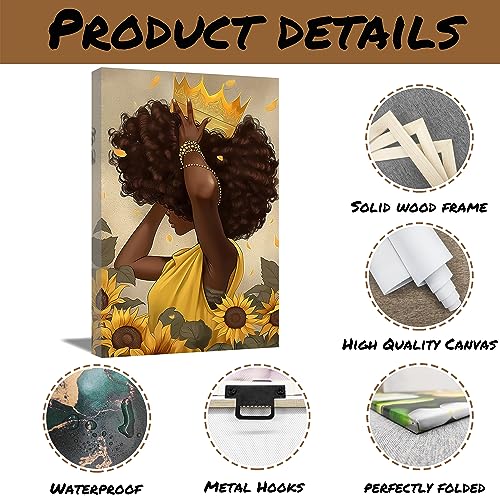 QIXIANG African American Canvas Wall Art Black Queen Portrait Posters Yellow Sunflower Girl Painting Prints Artwork for Bedroom Decor (11.00" x14.00", Queen)