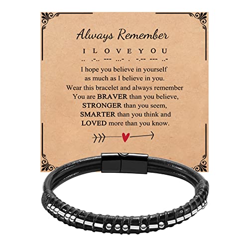 QWNHONEY Morse Code Bracelet Always Remember Bracelet Father'S Day Birthday Graduation Valentines Day Anniversary Christmas Leather Cuff Bangle I Love You Jewelry Gift for Man Him 7.5 Inches
