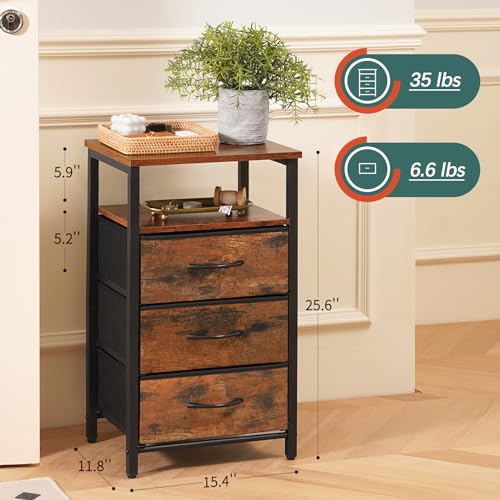 Yoobure Night Stand with Charging Station, 16 Colors LED Nightstand with USB Ports and Outlets, End Table with 3 Fabric Drawers and Storage Shelf, Bedside Tables Small Dresser for Small Space Brown