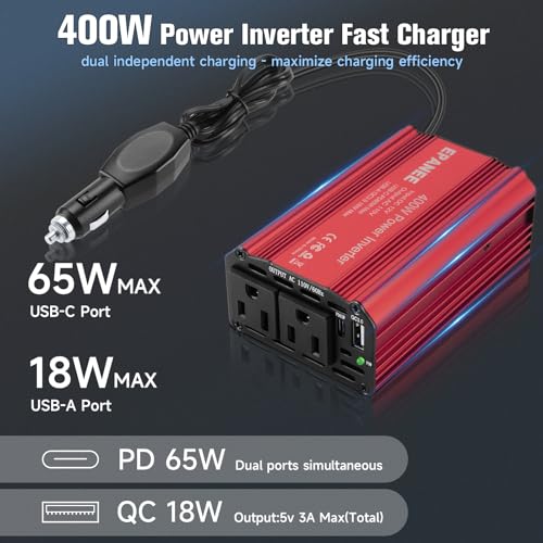 400W Power Inverter 12V DC to 110V AC, Car Charger Plug in Adapter Outlet with PD 65W USB-C&QC 18W Port, Portable Power Converters for Laptop Vehicles Camping Road Trip Essentials Adults