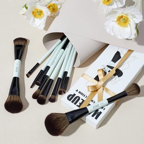 Jessup Makeup Brushes Set 10pcs, Double Sided Foundation Contour Blush Highlight Blending Eyebrow Brush Eyeshadow Eyeliner Concealer Brush, Bright Cyan Cruelty Free Cosmetic Tools T500