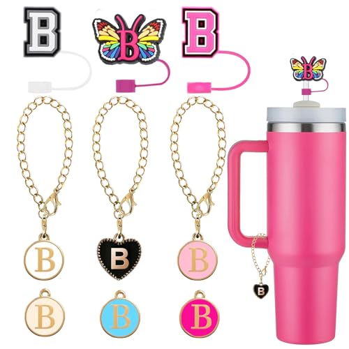 Silicone Straw Cover Cap, Letter Charm Accessories, Straw Toppers 10mm for Stanley (3PCS Caps+ 3PCS Letter U Charms)