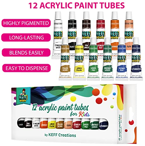 KEFF Acrylic Paint Set for Kids - Non Toxic Washable Paint - 32 Pcs Painting Kit for Kids with Blank & Pre-Drawn Canvas Boards, Wooden Easel, Brushes, Mixing Palette, Washing Cup & Pink Smock