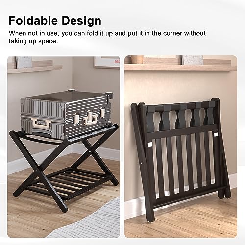 Smuxee Fully Assembled Luggage Rack for Guest Room, Upgraded Bamboo Foldable Suitcase Stand with 5 Nylon Straps, Dark Brown Luggage Holder with Shelf for Bedroom Hotel (Black Luggage Rack 1pcs)