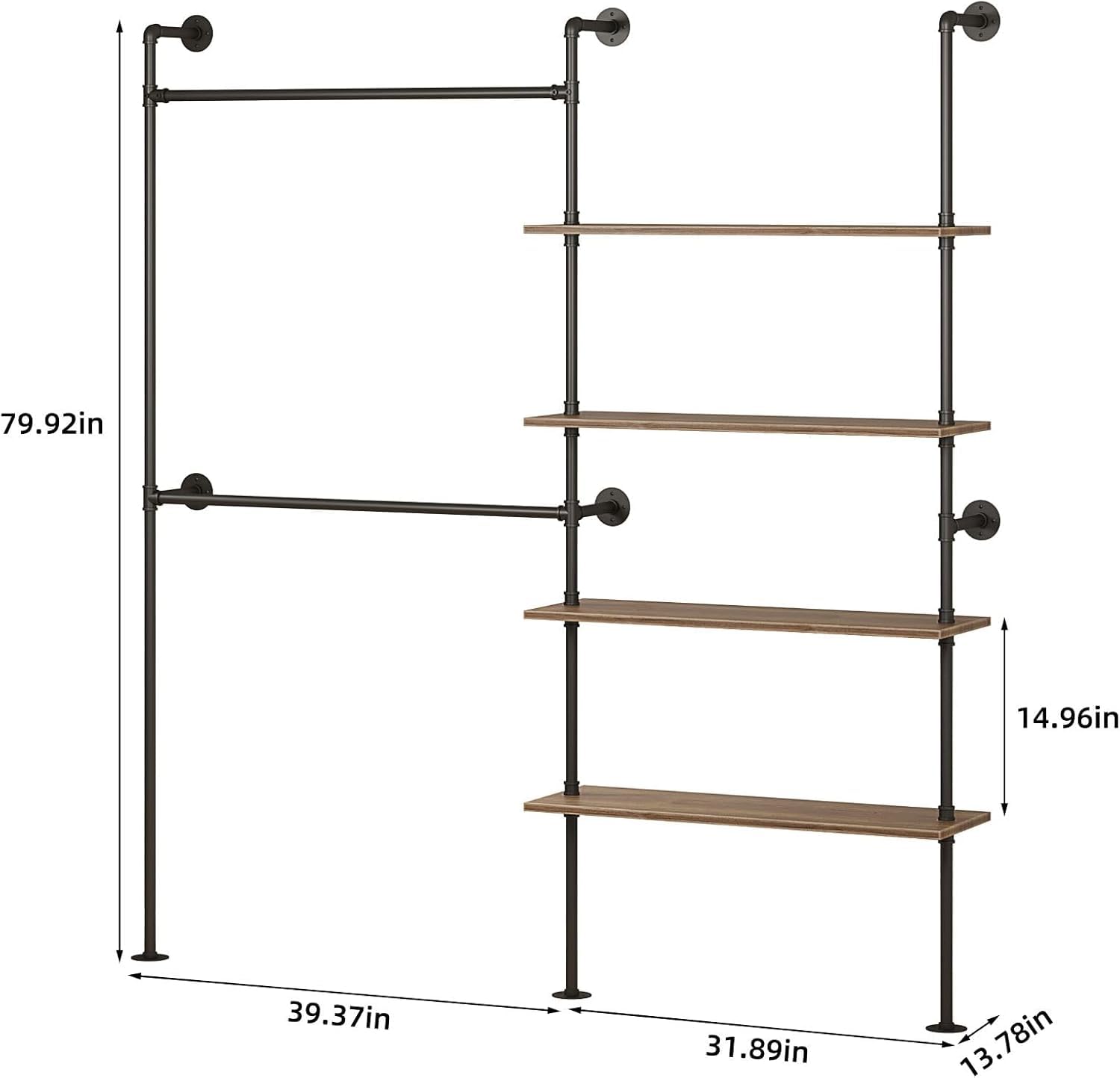 Woskar Industrial Pipe Clothing Rack, Hanging Rods Clothes Rack with Shelves, Clothes Rack for Wardrobe, Corner Closet System for Walk in Closets (Black)