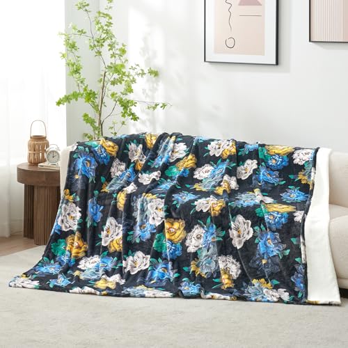 Cozy Bliss Midnight Bloom Bed Blanket Queen Size Bed Luxury Printed Single Layer Plush - Offside Pure White, Most Giftable for Your Famliy and Friends 90"x90"