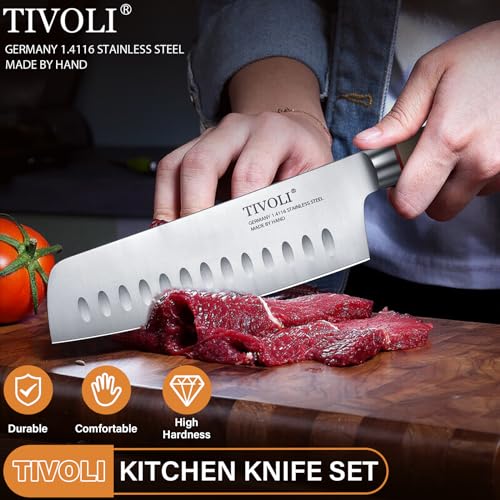 TIVOLI Chef Knife Set Professional Kitchen Knife Set 3PC Stainless Steel Japanese Knife Set with Gift Box Cooking Knife Set with Ultra Sharp Blade & Wooden Handle(Nakiri Knife,Chef Knife,Paring Knife)