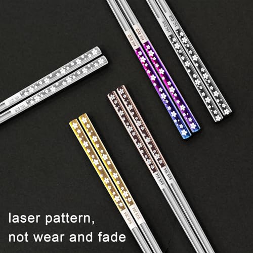 JOMUCO 5 Pairs Reusable Stainless Steel Chopsticks - Laser Engraved Floral Pattern - Dishwasher Safe - Easy to Use and Clean - Gift Set