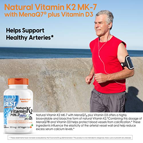 Doctor's Best Natural Vitamin K2 with MK-7, 180mcg Plus D3 1000IU, Non-GMO, Gluten Free, Vegetarian, Soy Free, 60 Veggie Caps