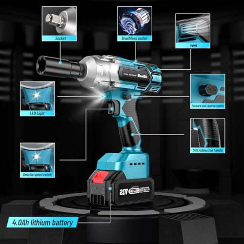 Seesii Cordless Impact Wrench, Brushless Impact Wrench 1/2 inch Max Torque 479 Ft-lbs(650Nm), 3300RPM w/ 2x 4.0 Battery, 6 Sockets,9 Drill,6 Screws, High Torque Power Impact Wrench for Car Home, WH700