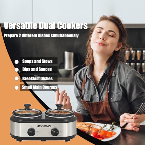 Double Slow Cooker, Buffet Servers and Warmers, Dual 2 Pot Slow Cooker Food Warmer, Adjustable Temp Dishwasher Safe Removable Ceramic Pot Glass Lid, 2 x 1.25 QT Portable Small Crock Cooker