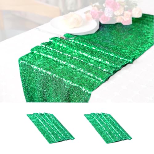 LQIAO Sequin Table Runner Green Blue-12x72in-Black Green Shiny Sequin Linen