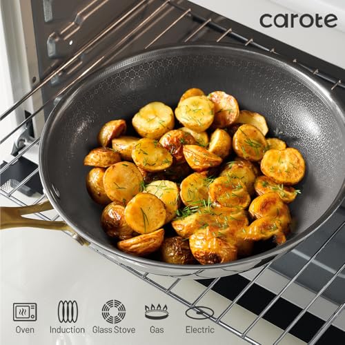 CAROTE Tri-Ply Stainless Steel Cookware Set, 9 Pcs Stainless Steel Pots and Pans Set with Tempered Glass Lids, Stay-Cool Golden Handles, Dishwasher and Oven Safe, California Collection, Cream White