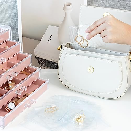 KAMIER Earring Jewelry Organizer with 20 Pcs Portable Jewelry Bag, Clear Acrylic Jewelry Organizer Box for Women with 5 Drawers for Earrings Ring Bracelet Necklace