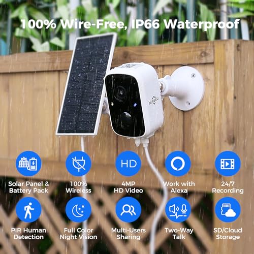 Hiseeu Solar Security Cameras Wireless Outdoor, Battery Powered 3K 4MP Surveillance Indoor WiFi Smart Cameras for Home Security Outside, Motion Detection, Waterproof, Color Night Vision, 2-Way Audio