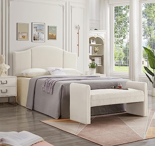 24KF Modern Boucle Teddy Lovely Bench, Upholstered Bed Bench Entryway Bench Ottoman with Armrest -Black