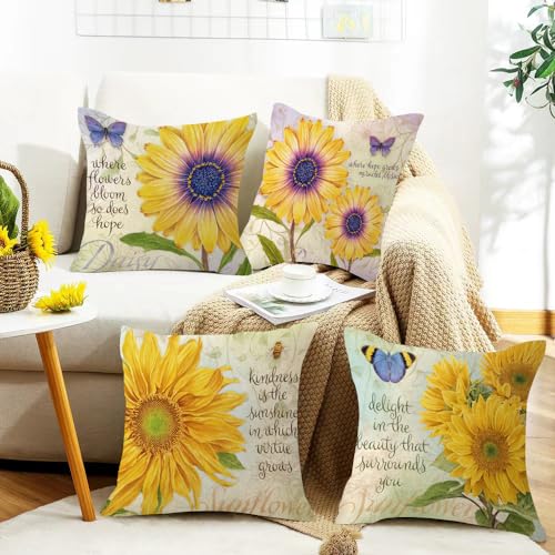 wyooxoo Throw Pillow Covers 18x18 Set of 4 Spring Summer Pillow Covers Floral Decorative Farmhouse Cushion Cases for Sofa Couch Living Room Outdoor Patio Home Decor (18" x 18", A)