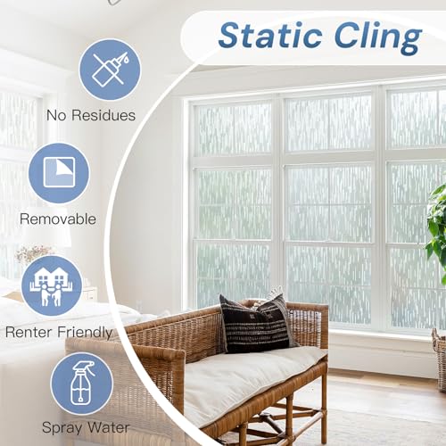 LUTE Window Privacy Film Frosted Glass Film, Removable Sun Blocking Heat Control Door Window Cover, Non-Adhesive Static Window Cling Frosting Decorative Glass Sticker, Linear Frosted, 17.5" x 78.7"