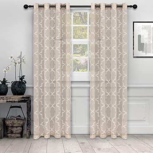 Superior Quatrefoil Embroidered Curtains, Window Accents, Perfect for Family Room or Bedroom, Classic, Modern, Traditional with Rod Pockets or Grommets, Curtain Set of 2 Panels, 52" X 63", Beige