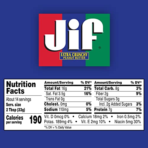 Jif Extra Crunchy Peanut Butter, 40 Ounces, 7g (7% DV) of Protein per Serving, Packed with Peanuts for Extra Crunch, No Stir Peanut Butter