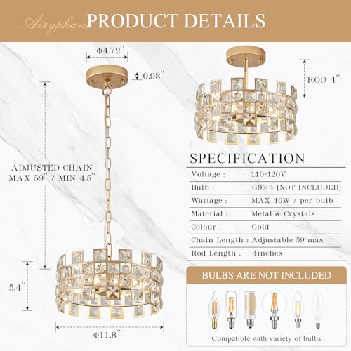 AIRYPHANT Crystal Pendant Light Modern Gold Chandelier 4-Light Semi Flush Mount Ceiling Light D12’’ Round Crystal Pendant Lighting for Kitchen Island Entryway Hallway Dining Room