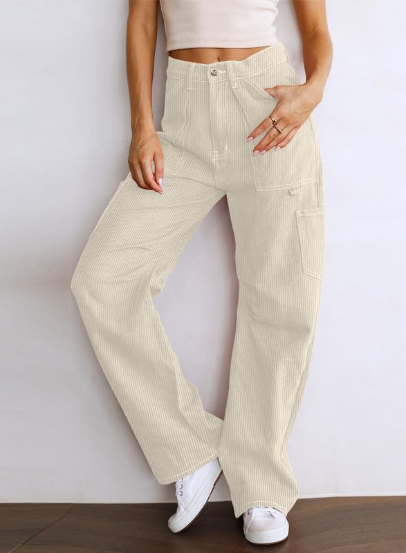 Dokotoo Corduroy Cargo Pants Women Wide Leg Baggy High Waisted with 6 Pockets Casual Pants Basic Womens Clothing,Apricot 6