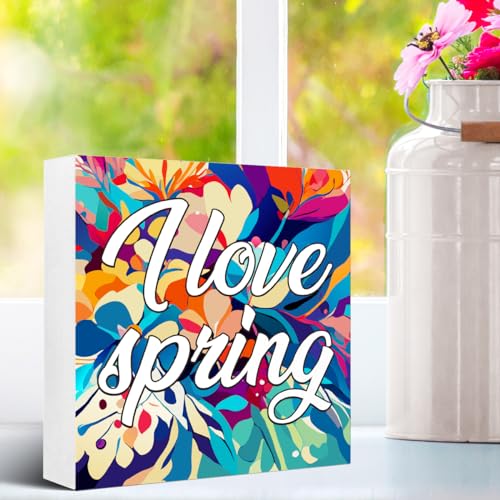 Spring Wooden Desk Sign,Funny Spring Sign,I Love Spring Wood Block Signs Desk Decor,Spring Decorations for Home Shelf Table Decor-1