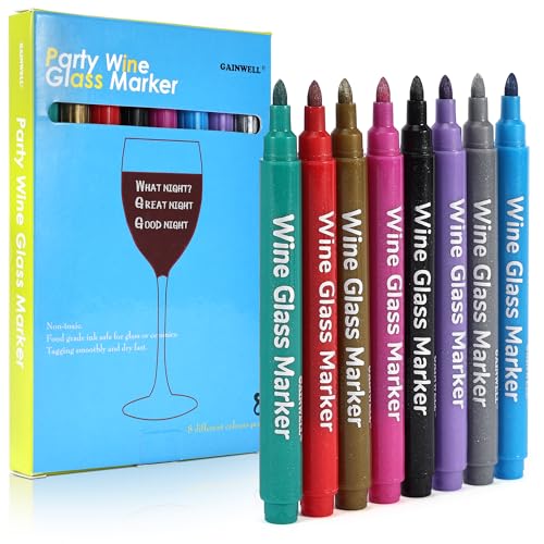 GAINWELL Metallic Wine Glass Markers – Pack of 8 Food-Safe Non-Toxic Wine Glass Marker Pens - Can also be Used on Ceramic Plates and other Glass and Dinnerware