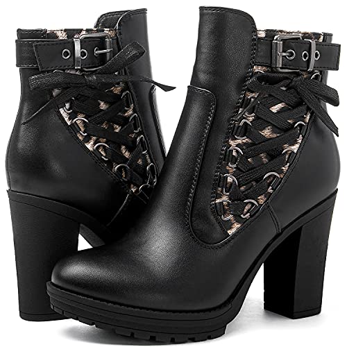 GLOBALWIN Black Platform Boots High Heel Chunky Boots For Women 5.5M