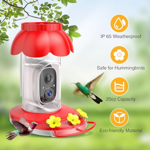 Hummingbird Feeder with Camera for Outdoors, Auto Capture & Identify Bird Species, Wide Mouth for Easy Filling with Built-in Ant Moat and Bee Guards, Ideal Bird Watching Gift (Blue)