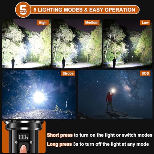 Flashlights High Lumens, Sunitact Flashlight LED Rechargeable, 980000 Lumens XHM90.2 Super Bright Flashlight, Flash Light Battery Powered, Powerful Handheld Flashlight for Home Emergency Hiking Gift