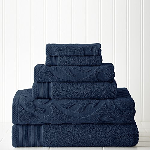 Modern Threads 6-Piece, 2 Bath Towels, 2 Hand Towels, 2 Washcloths, Medallion Jacquard/Solid Ultra Soft 550GSM 100% Combed Cotton Towel Set Denim