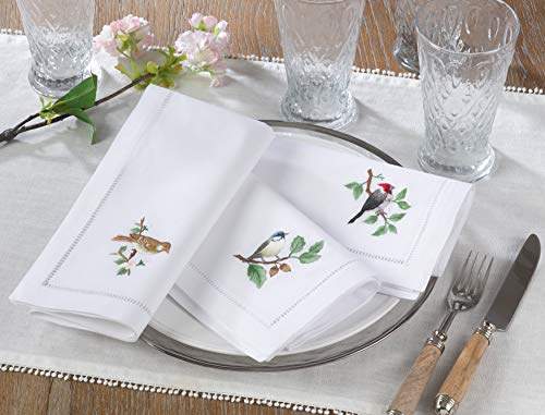 Saro Lifestyle Cotton Table Napkin with Bird Embroidery and Hemstitch Design (Set of 6)