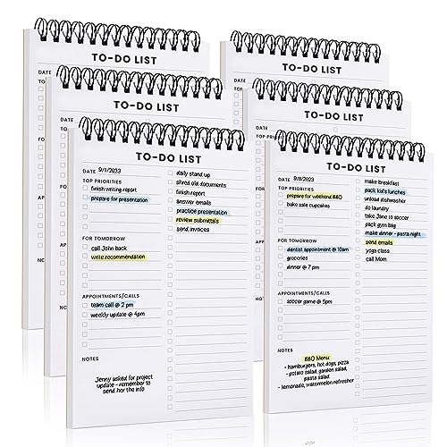 To Do List Notepad 6 Pack: Has Multiple Functional Sections - 5.2 x 8" 35 Sheets - Spiral Daily Planner Notebook - Task CheckList Organizer Agenda Pad for Work, Note and Todo Organization