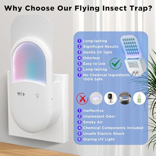 Fly Trap Indoor Plug-in 2-in-1 Flying Insect Trap with 7pcs Fly Trap Refill, Indoors Fly Trap Mosquito Trap with Night Light Gnat Traps for House Indoor Fly Trap for Moths Other Flying Insects