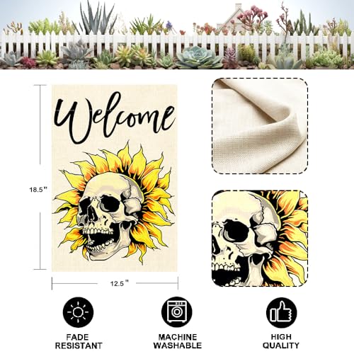 BEZKS Skull Garden Flags 12x18 Inch Double Sided, Best Choice Hello Sunshine Welcome Peeps Small Burlap Summer Fall Halloween Garden Flag Funny For Seasonal Outdoor Decoration (A09)