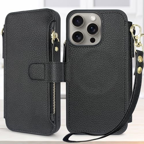 Lacass Compatible with MagSafe Case Wallet for iPhone 15 Pro 6.1 inch, 3 Card Holder Zipper Leather Wallet Cover Magnetic Closure Wrist Strap Lanyard (Black)