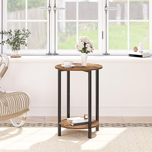 HOOBRO Round Side Table, Sofa Couch Table with Storage Shelf, 2-Tier Industrial End Table, Stable Metal Frame, Wooden Look Accent Table for Small Spaces, Living Room, Bedroom, Rustic Brown BF58BZ01G1