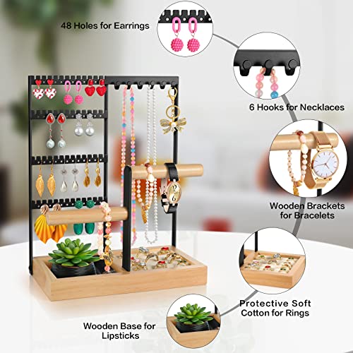 Godboat Jewelry Holder Organizer, 4-Tier Earring Holder with 48 Holes, 6 Hooks Necklace Holder, Removable Bracelet Holder, Gifts for Women, Mom, Mother's Day, Cool Preppy Stuff and Room Decor, Black