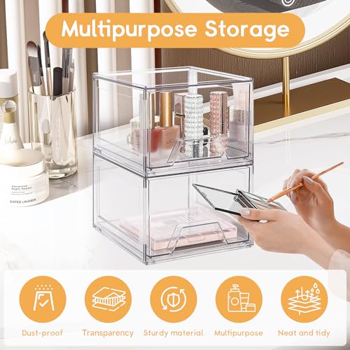 2 Pack Stackable Makeup Organizer, Acrylic Bathroom Organizer and Storage Drawers, Clear Plastic Drawer Storage Bins For Vanity, Undersink, Cabinets, Pantry