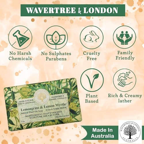 Wavertree & London Lemongrass & Lemon Myrtle Scented Natural Soap (8 Bars), 7oz Moisturizing French Triple Milled Soap Bars enriched with shea butter - Plant Oil Bath & Body Soap for All Skin Types