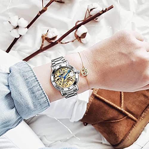 BESTKANG Womens Skeleton Watch Automatic Self Winding Luxury Waterproof Silver Stainless Steel Silver Watches (Gold)